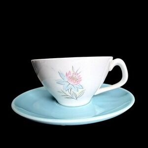 Steubenville Pottery Fairlane Cup & Saucer Coffee Cup Teacup Pink Blue Floral